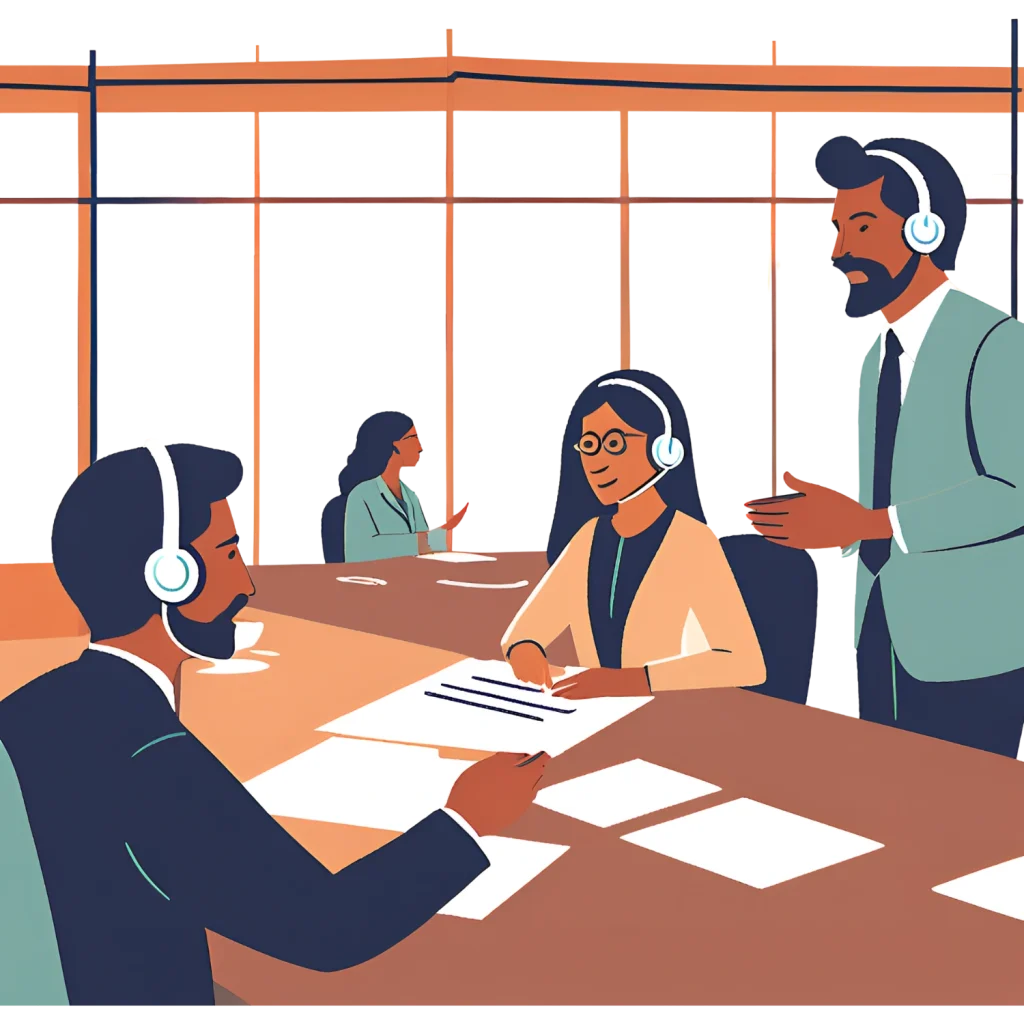 Translation room with professional interpreters and translators working with headsets during a meeting