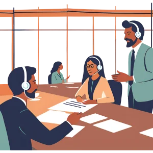 Translation room with professional interpreters and translators working with headsets during a meeting