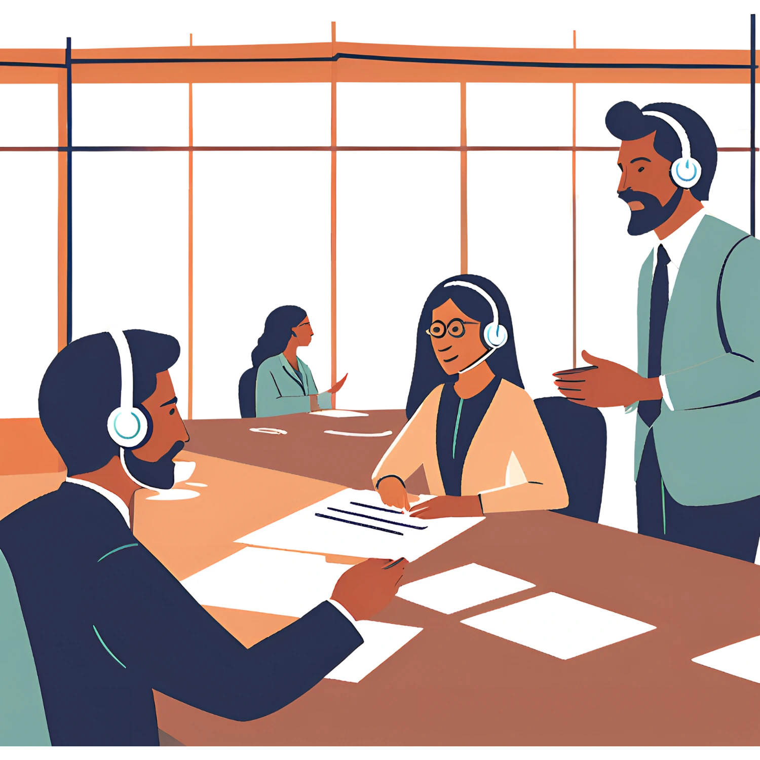 Translation room with professional interpreters and translators working with headsets during a meeting